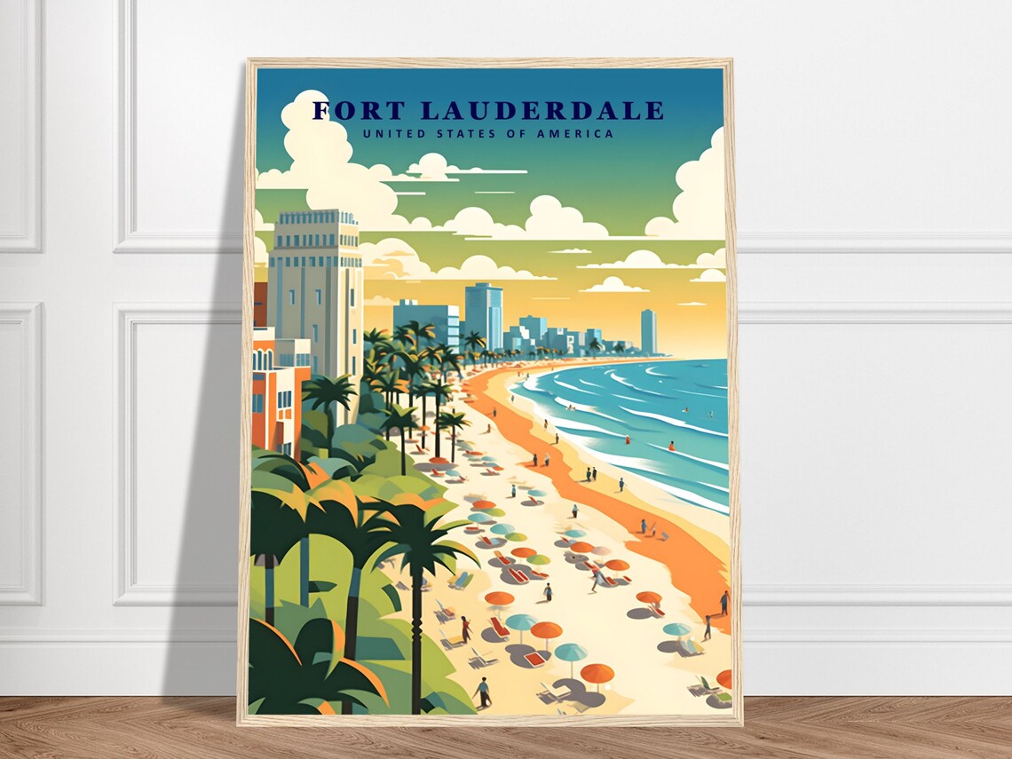Sunny Fort Lauderdale Florida Beach Skyline Retro Travel Poster