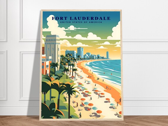 Sunny Fort Lauderdale Florida Beach Skyline Retro Travel Poster