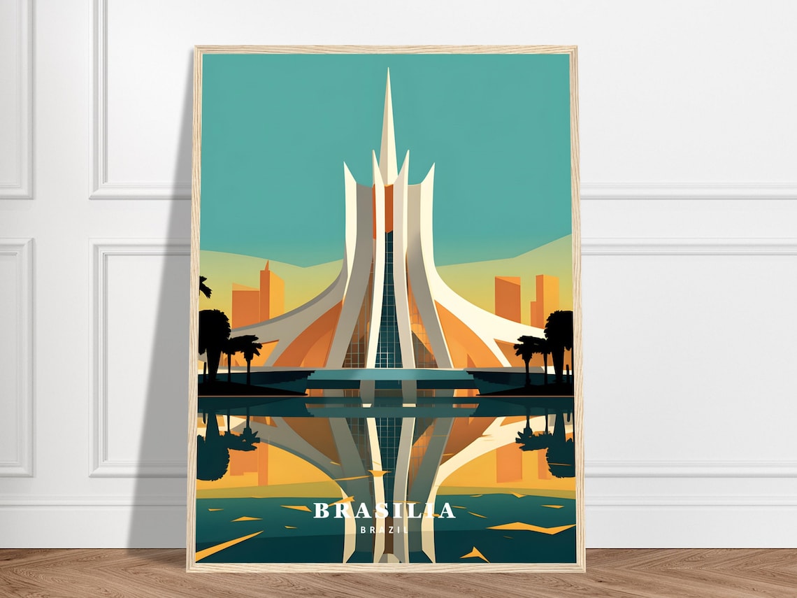 Brasilia Brazil Cathedral Reflected in Water Modern Travel Poster