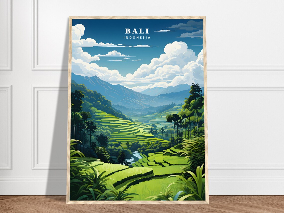 Bali Rice Terraces Lush Green Ubud Jungle Vintage Travel Poster