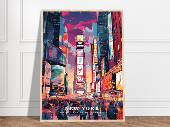 Times Square New York City Night Neon Lights Vintage Travel Poster
