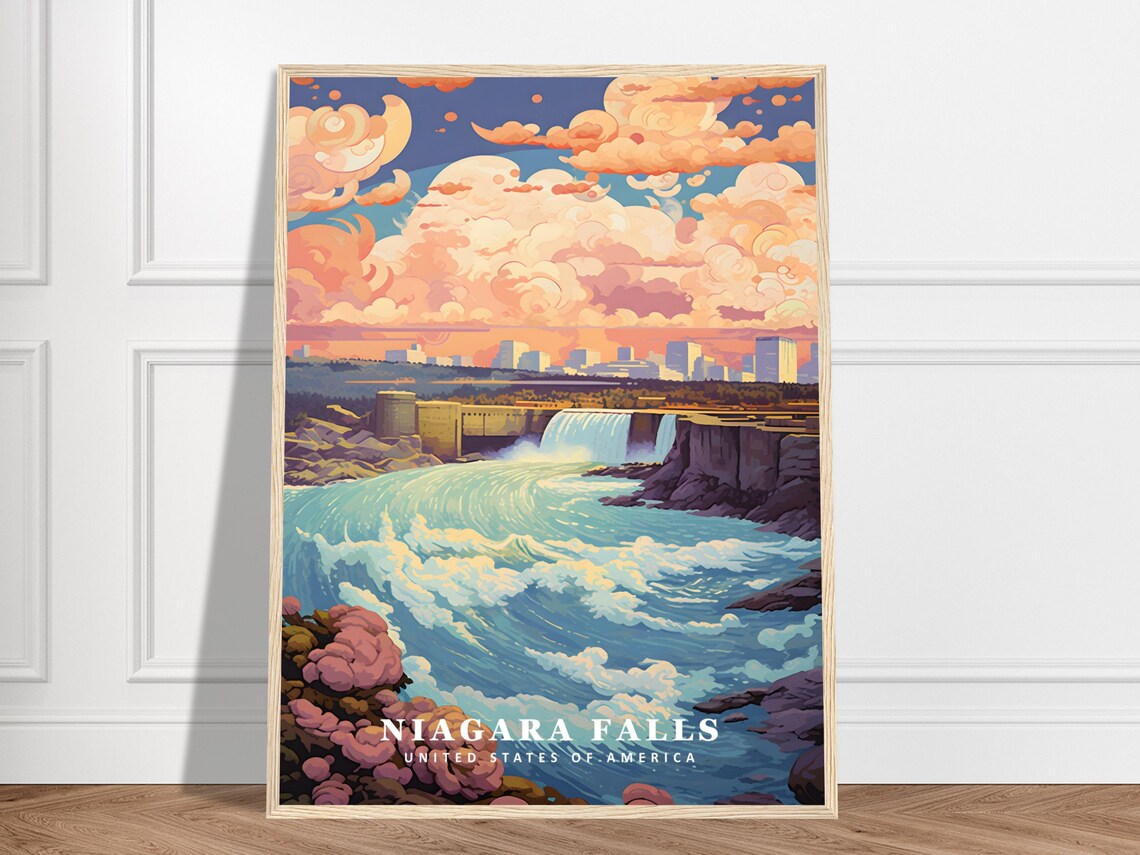Niagara Falls Waterfall at Golden Sunset Vintage Travel Poster