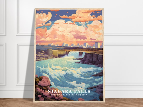 Niagara Falls Waterfall at Golden Sunset Vintage Travel Poster