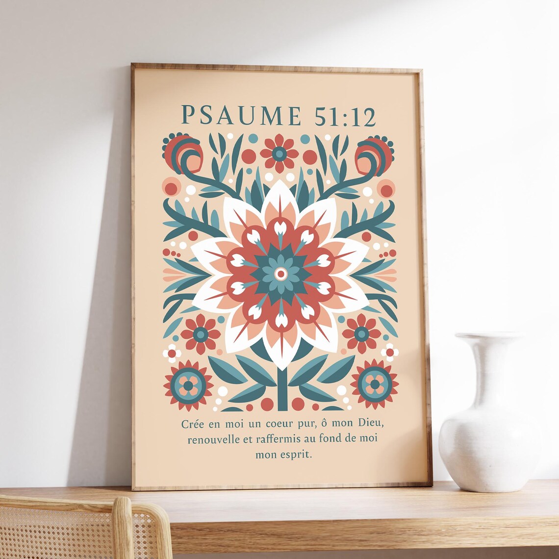 Psaume 51 12 French Psalm Folk Floral Christian Scripture Art Poster - Image 3