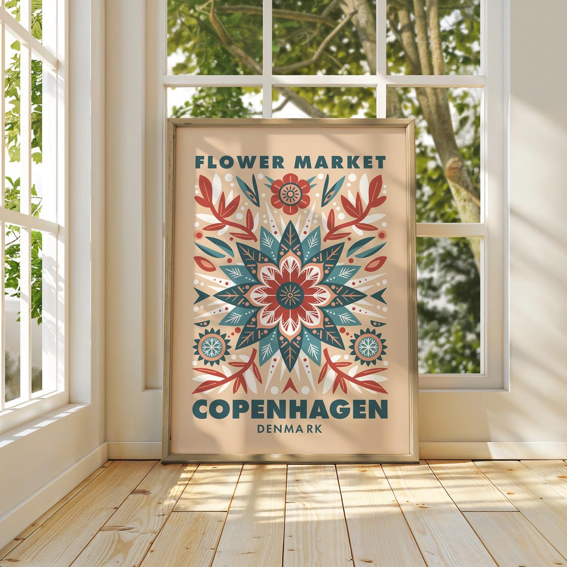 Flower Market Copenhagen Denmark Folk Art Floral Illustration Poster - Image 5