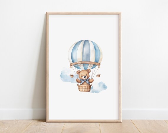 Teddy Bear Hot Air Balloon Blue Watercolor Nursery Room Wall Art