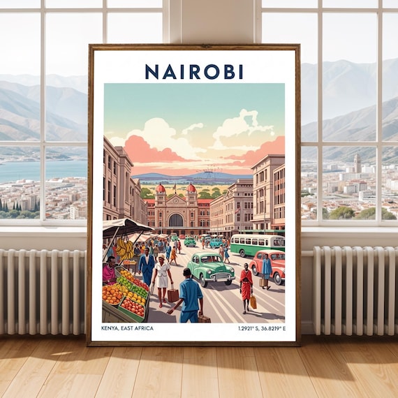 Nairobi Kenya Travel Poster Bustling Market Street Classic Cars Sunset Art