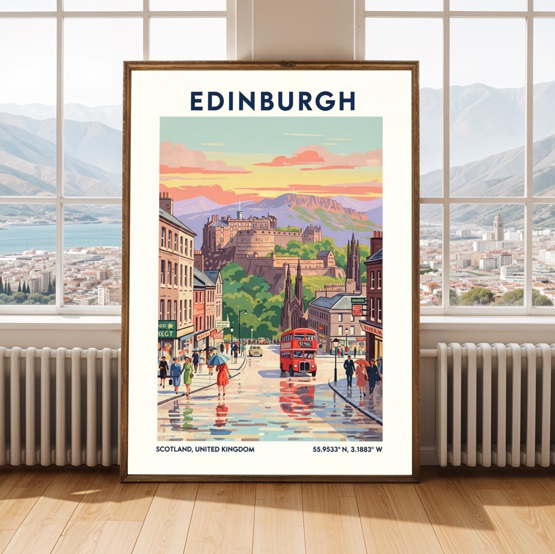 Edinburgh Scotland Rainy Street Red Bus Vintage Travel Poster