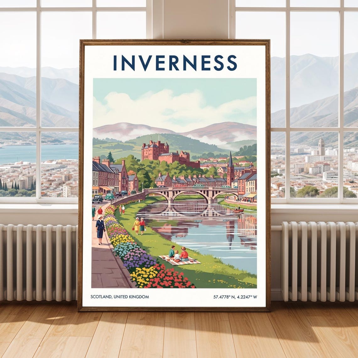Inverness Castle River Ness Bridge Flowers Vintage Scotland Poster