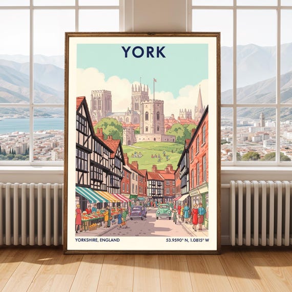 York Medieval Architecture Print Vintage Travel Poster English Illustration