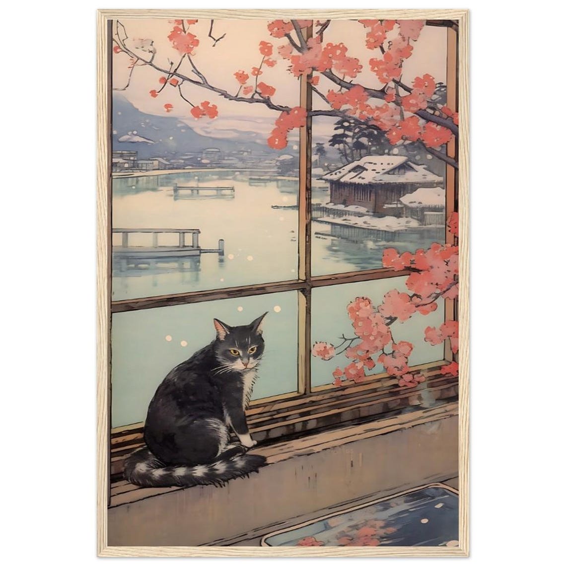 Tabby Cat on Windowsill Snowy Harbor View Japanese Style Cat Poster - Image 2