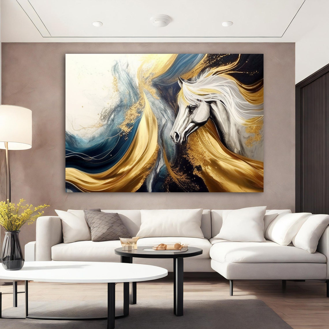 White Horse Head Gold Navy Abstract Swirls Elegant Animal Poster - Image 5