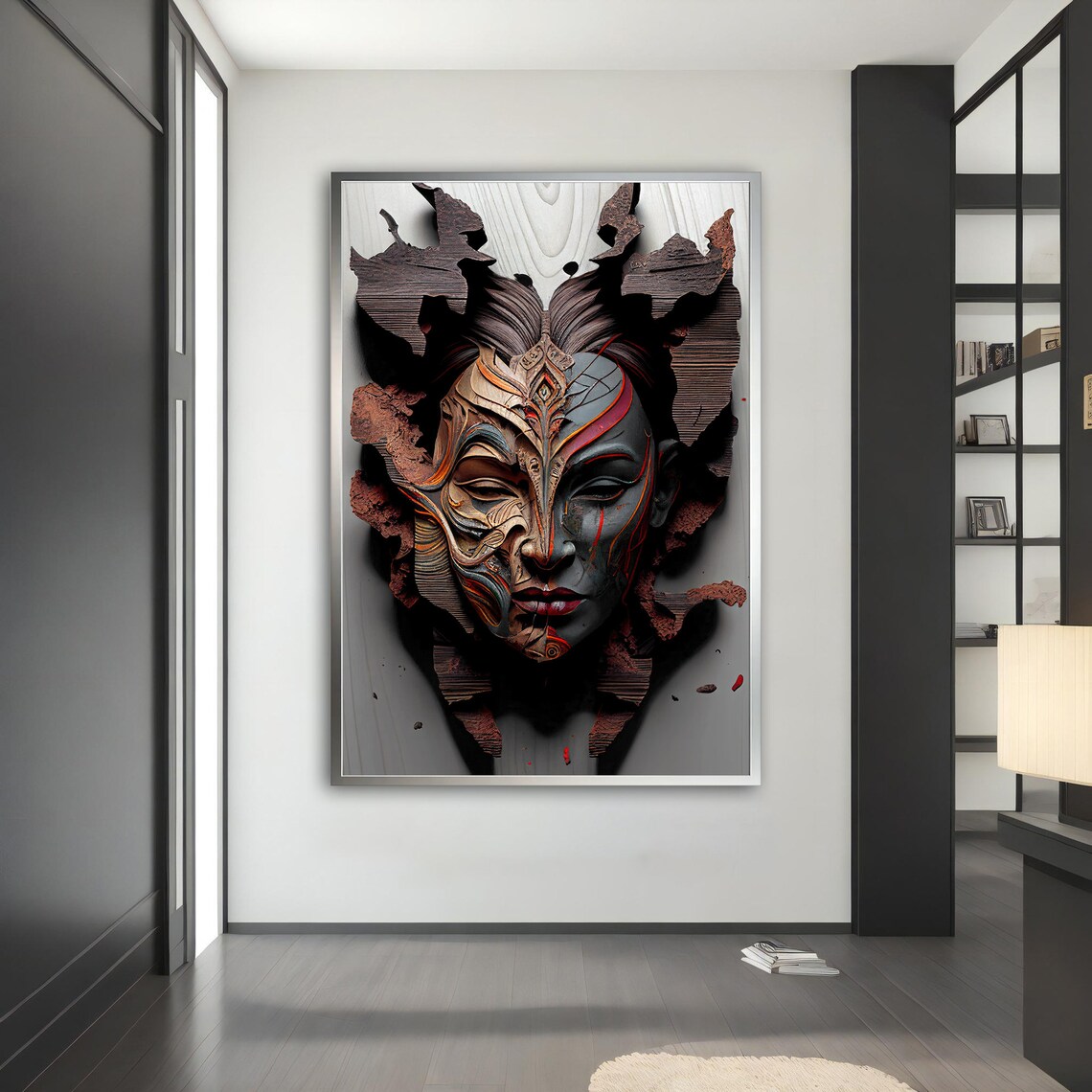 Carved Wooden Tribal Woman Face 3D Sculpture Texture Abstract Art Poster - Image 5