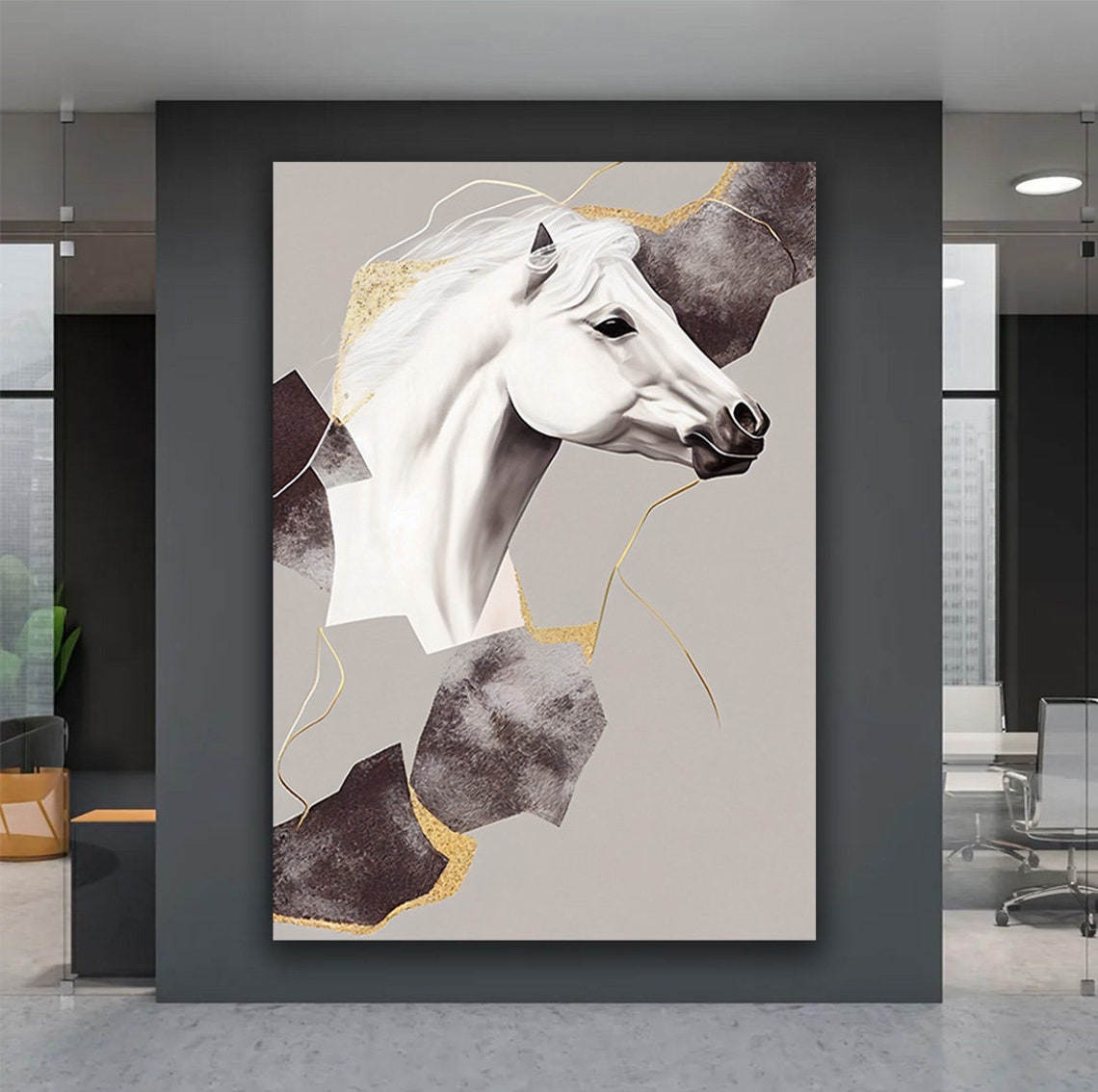 Elegant White Horse Portrait Gold Geometric Modern Animal Wall Poster - Image 2
