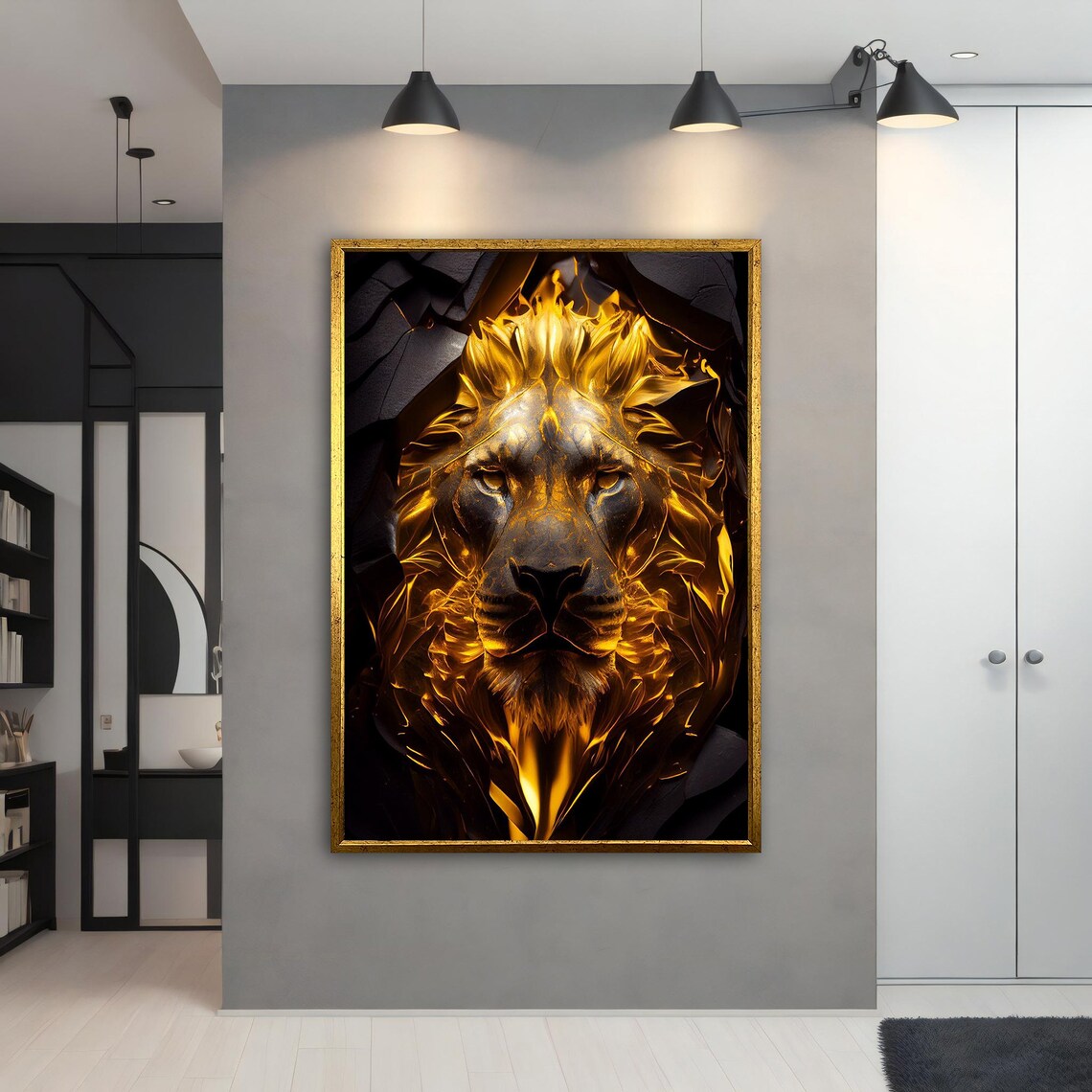 Golden Lion Breaking Through Black Stone Molten Gold Power Art Wall Poster - Image 3