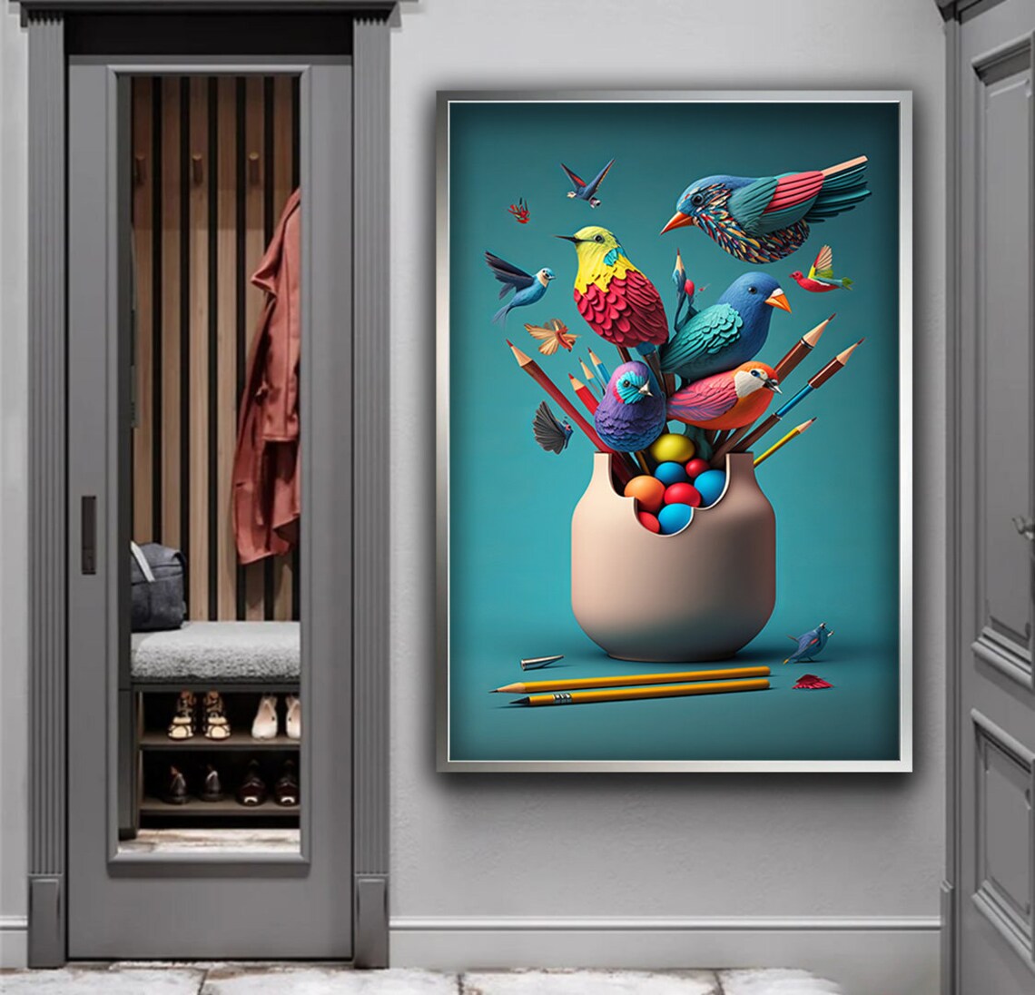 Colorful Birds Bursting From Vase With Pencils Whimsical Art Poster - Image 5