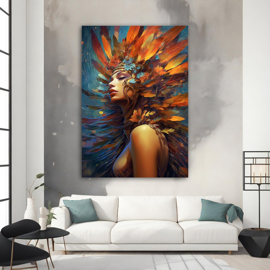 Colorful Woman with Fiery Feather Headdress Tribal Beauty Art Poster - Image 3