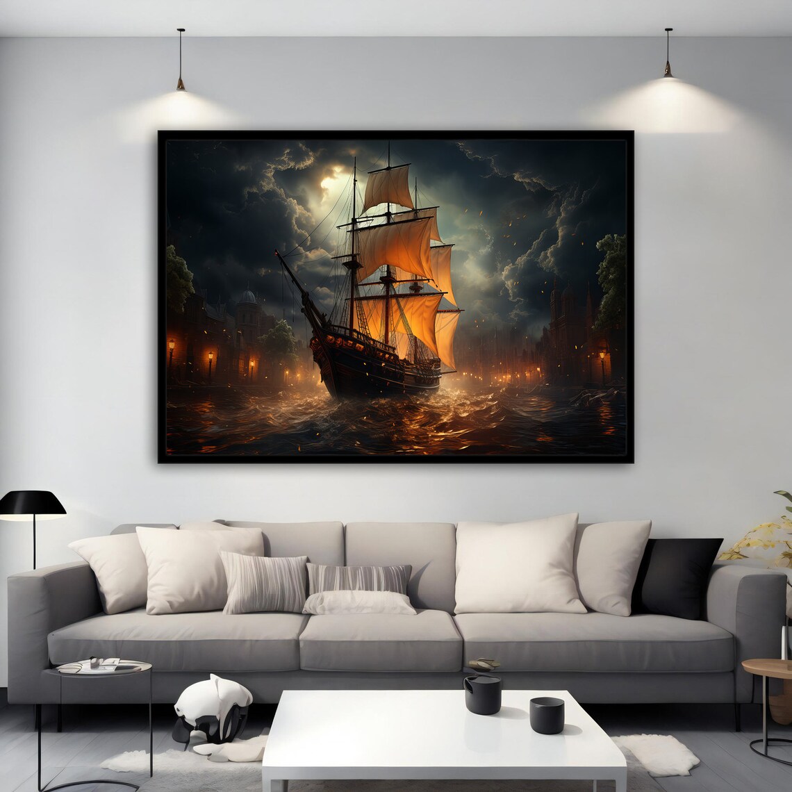 Sailing Ship Night Sea Moonlit Dark Ocean Maritime Art Poster