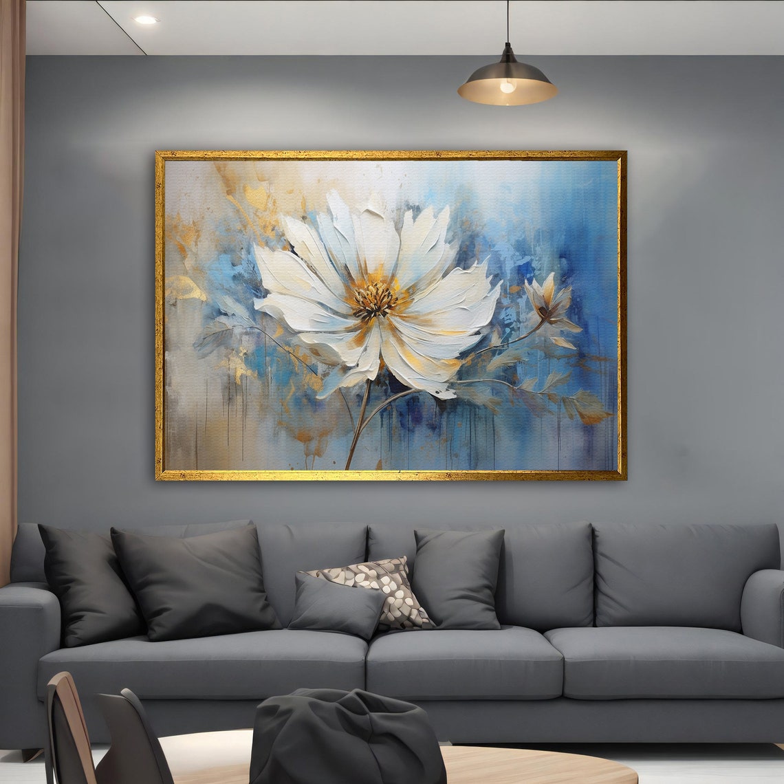 Large White Daisy Gold Center Blue Cream Abstract Floral Poster - Image 5