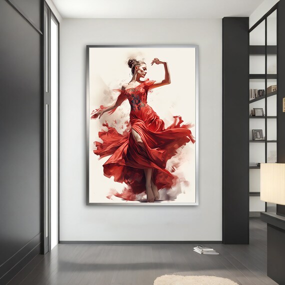 Passionate Flamenco Dancer Red Flowing Gown Painting Dance Art Poster