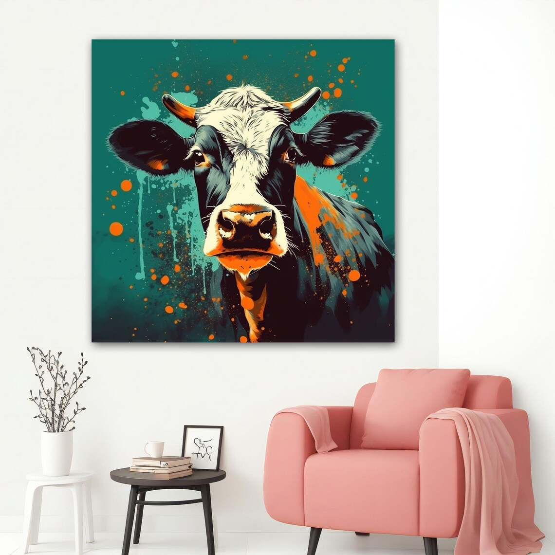 Stylish Cow Portrait Teal Background Paint Splash Modern Farm Poster - Image 4