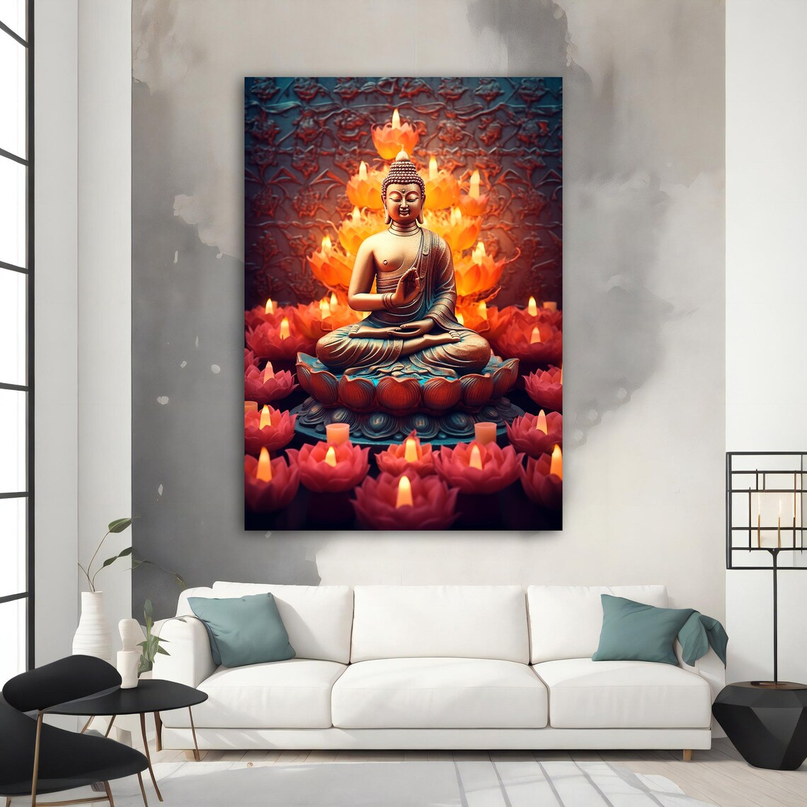 Bronze Buddha Lotus Throne Red Candles Dark Asian Art Poster - Image 3