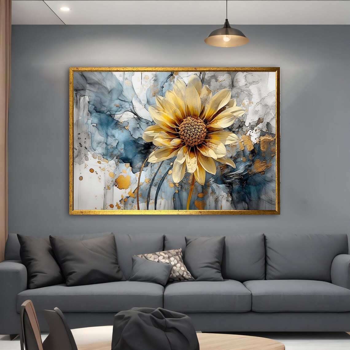 Golden Yellow Flower Watercolor Blue Abstract Floral Wall Art - Image 4