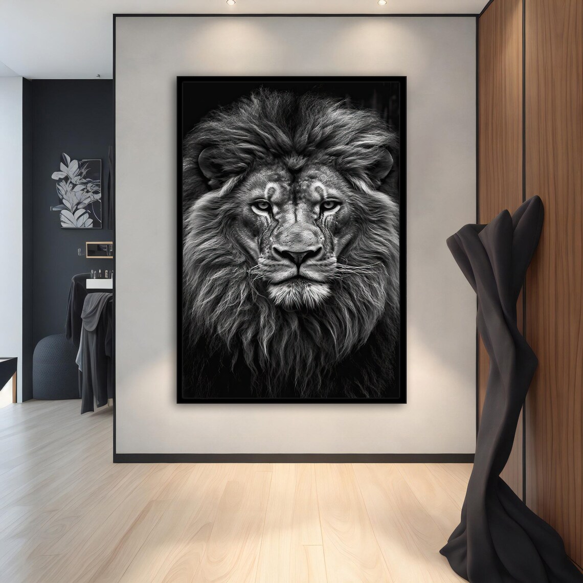 Black And White Lion Portrait Majestic Mane Monochrome Wildlife Art Poster - Image 2