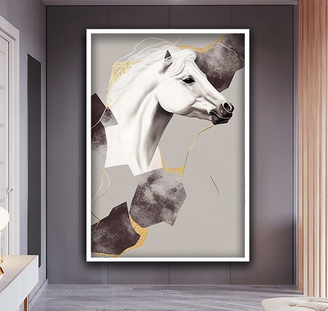 Elegant White Horse Portrait Gold Geometric Modern Animal Wall Poster - Image 4