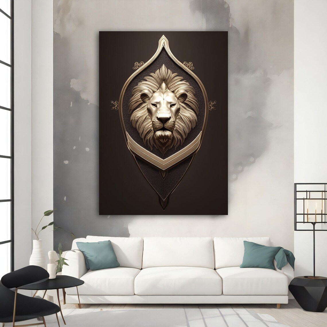 Silver Lion Head Shield Crest Emblem Luxury Metallic Animal Art Wall Poster - Image 3