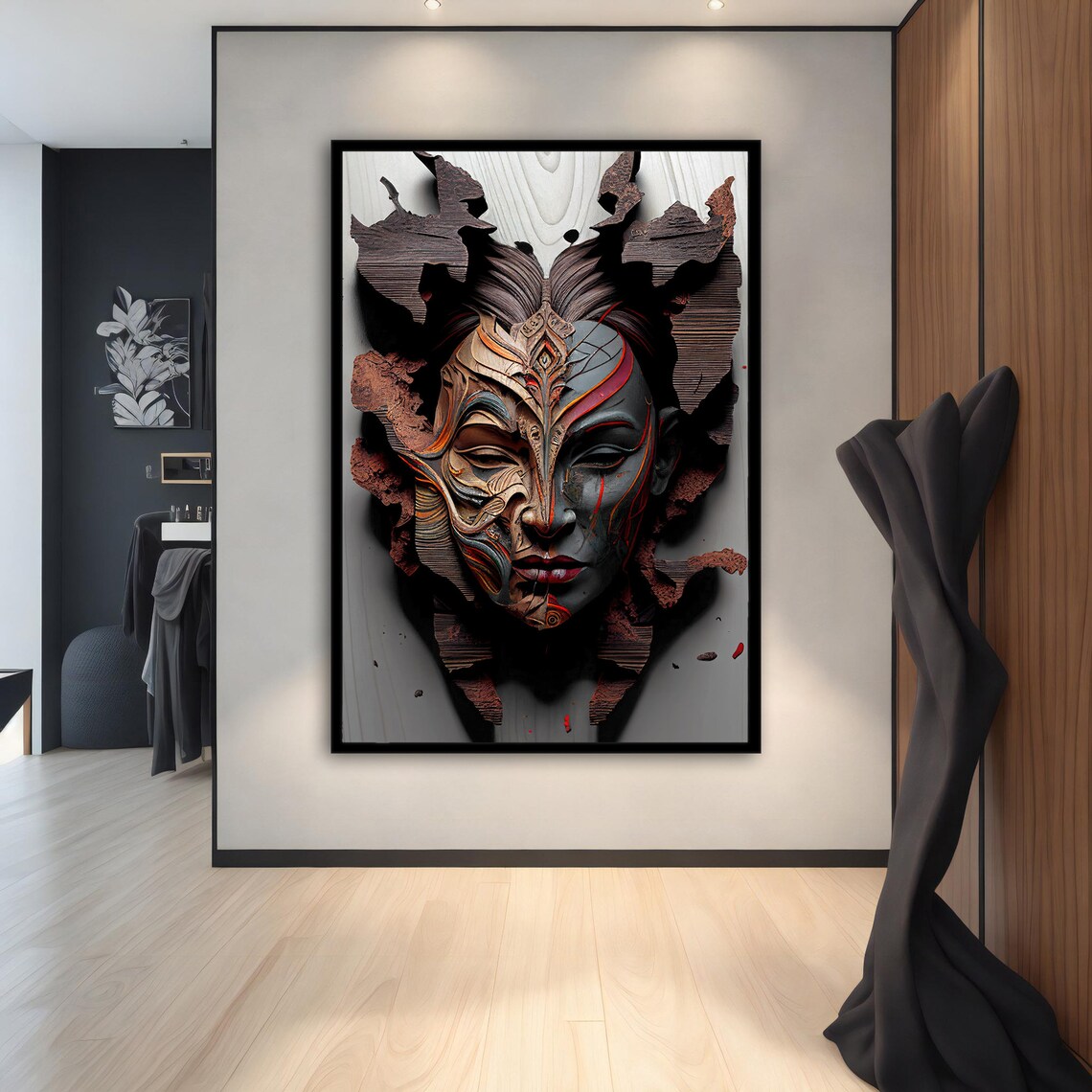 Carved Wooden Tribal Woman Face 3D Sculpture Texture Abstract Art Poster - Image 2