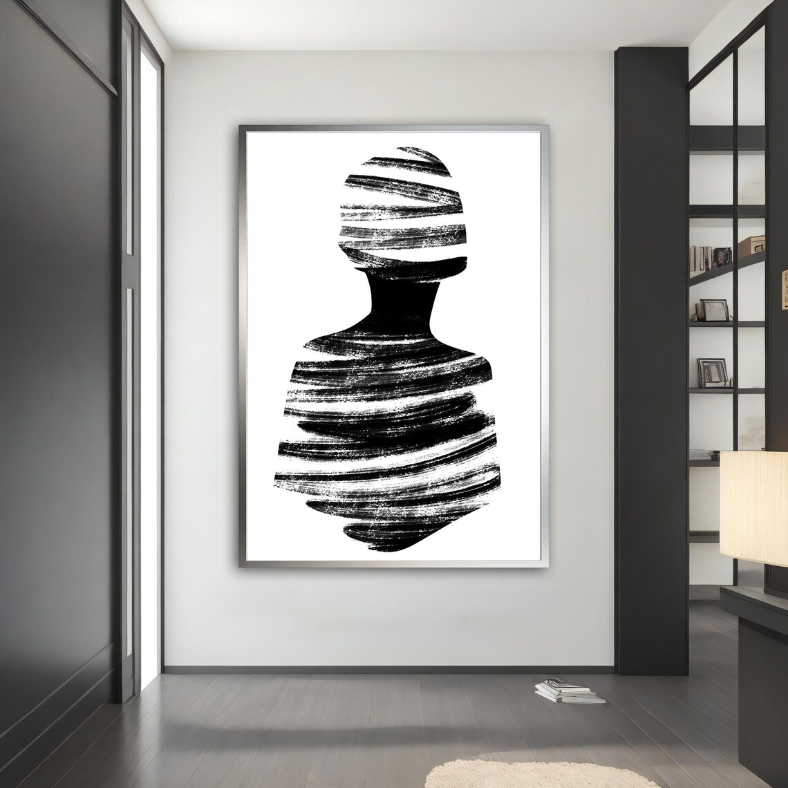 Minimalist Black White Striped Woman Silhouette Abstract Wall Art - Image 4