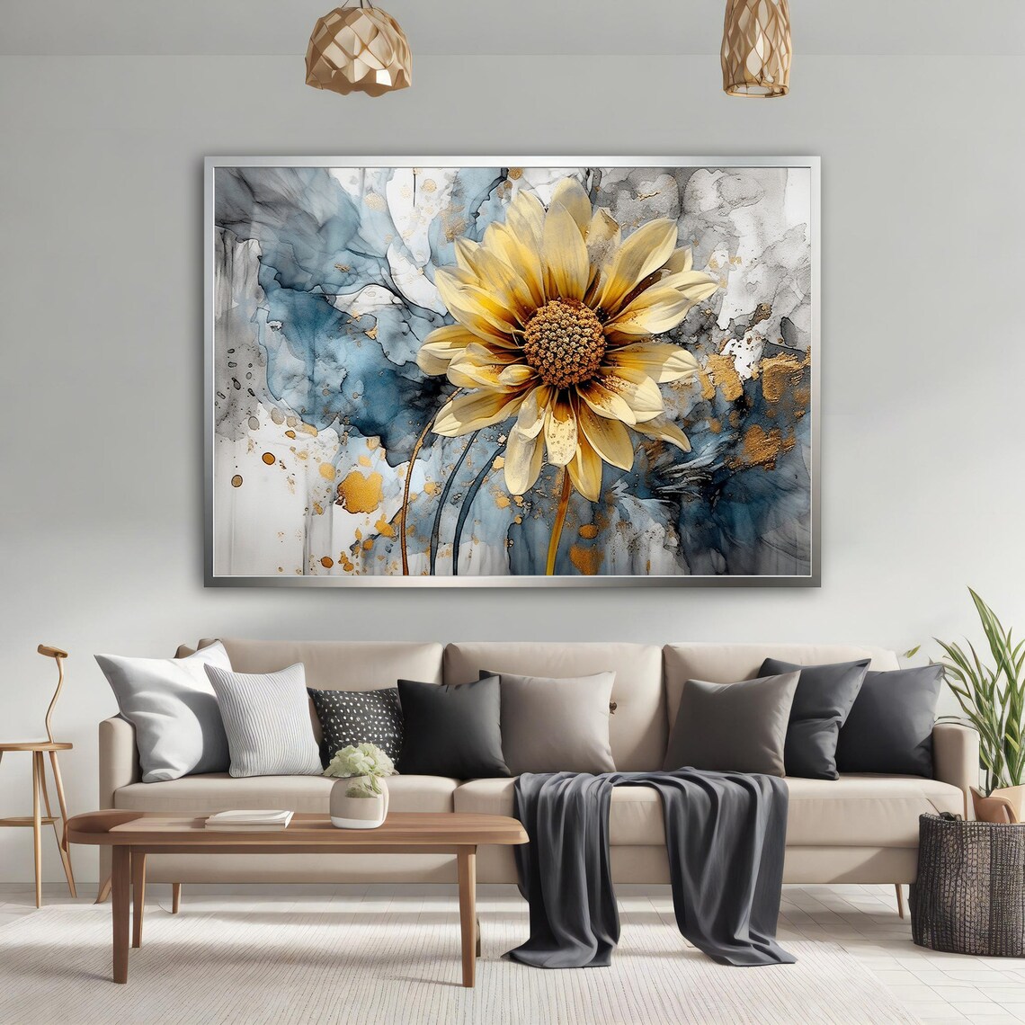 Golden Yellow Flower Watercolor Blue Abstract Floral Wall Art - Image 3