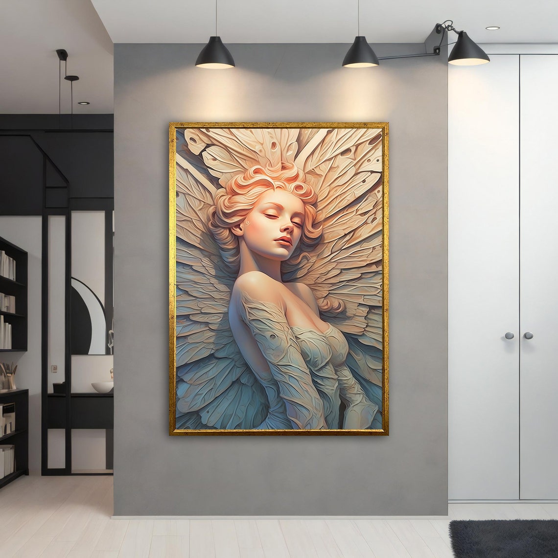 Serene Angel Woman Giant Feather Wings Cream Blue Wall Art Print - Image 5