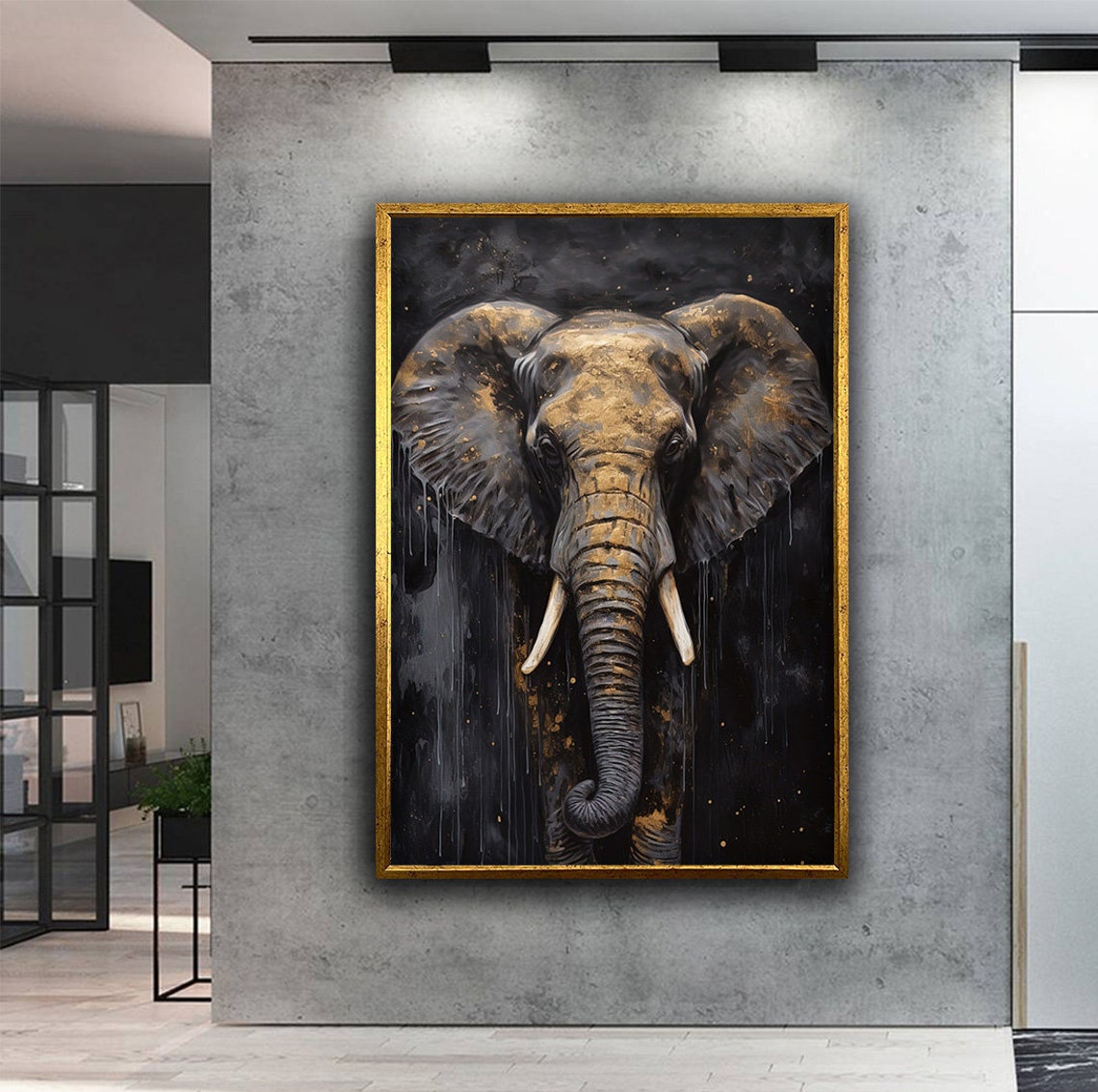 Elephant Front View Gold Accents Dark Moody Wildlife Art Poster - Image 3