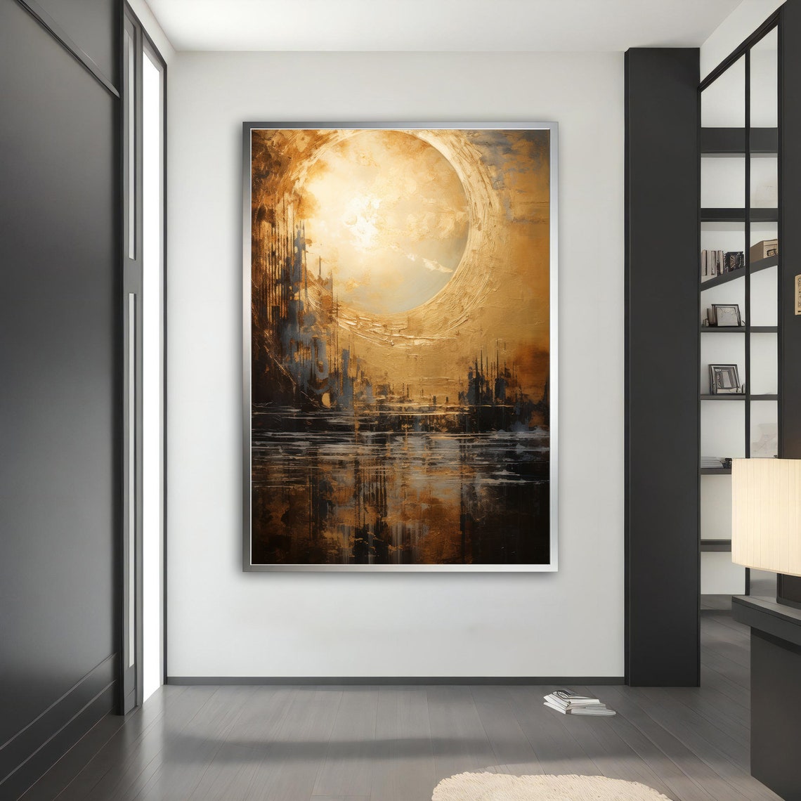 Golden Moon over Dark Water Abstract City Reflection Art Poster - Image 3