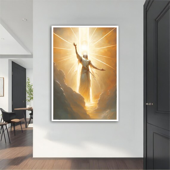Bright Angel Ascending in Golden Light Clouds Heavenly Art Poster