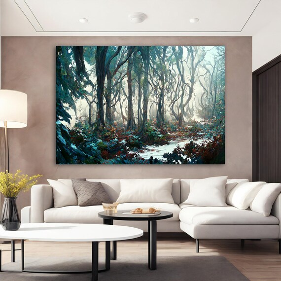 Foggy Forest Landscape Painting Forest Landscape Wall Art Forest Print Nature Landscape Farmhouse Wall Decor
