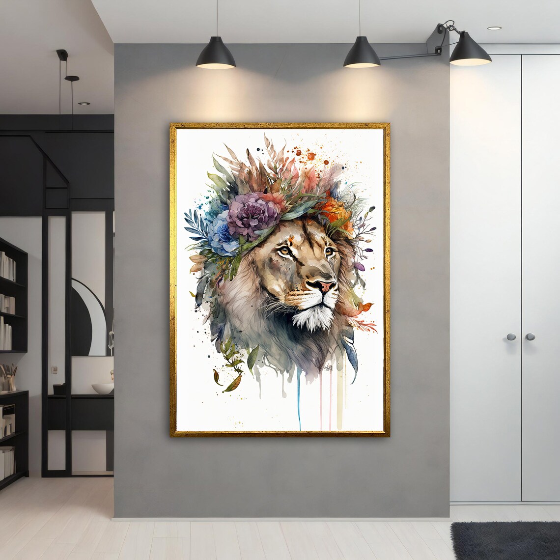 Watercolor Lion Floral Crown Botanical Soft Pastel Animal Art Wall Poster - Image 3