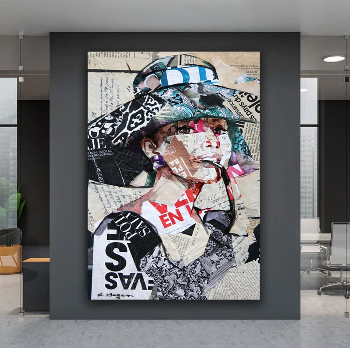 Audrey Hepburn Collage Portrait Wide Brim Hat Newspaper Art Poster - Image 2