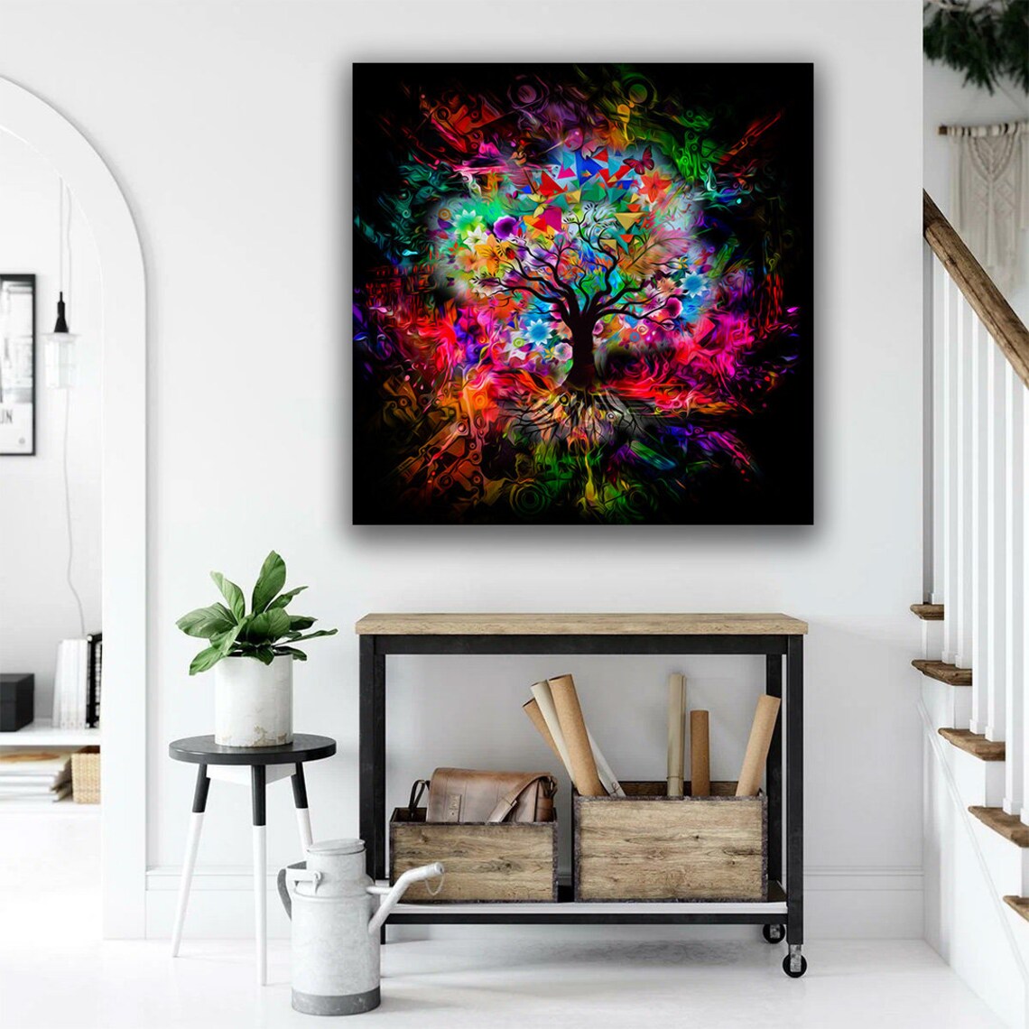 Vibrant Tree Of Life Explosion Neon Colors Abstract Black Art Poster - Image 5