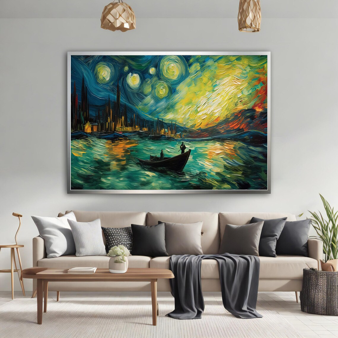 Starry Night Lake Inspired Swirling Sky Night Landscape Art Poster