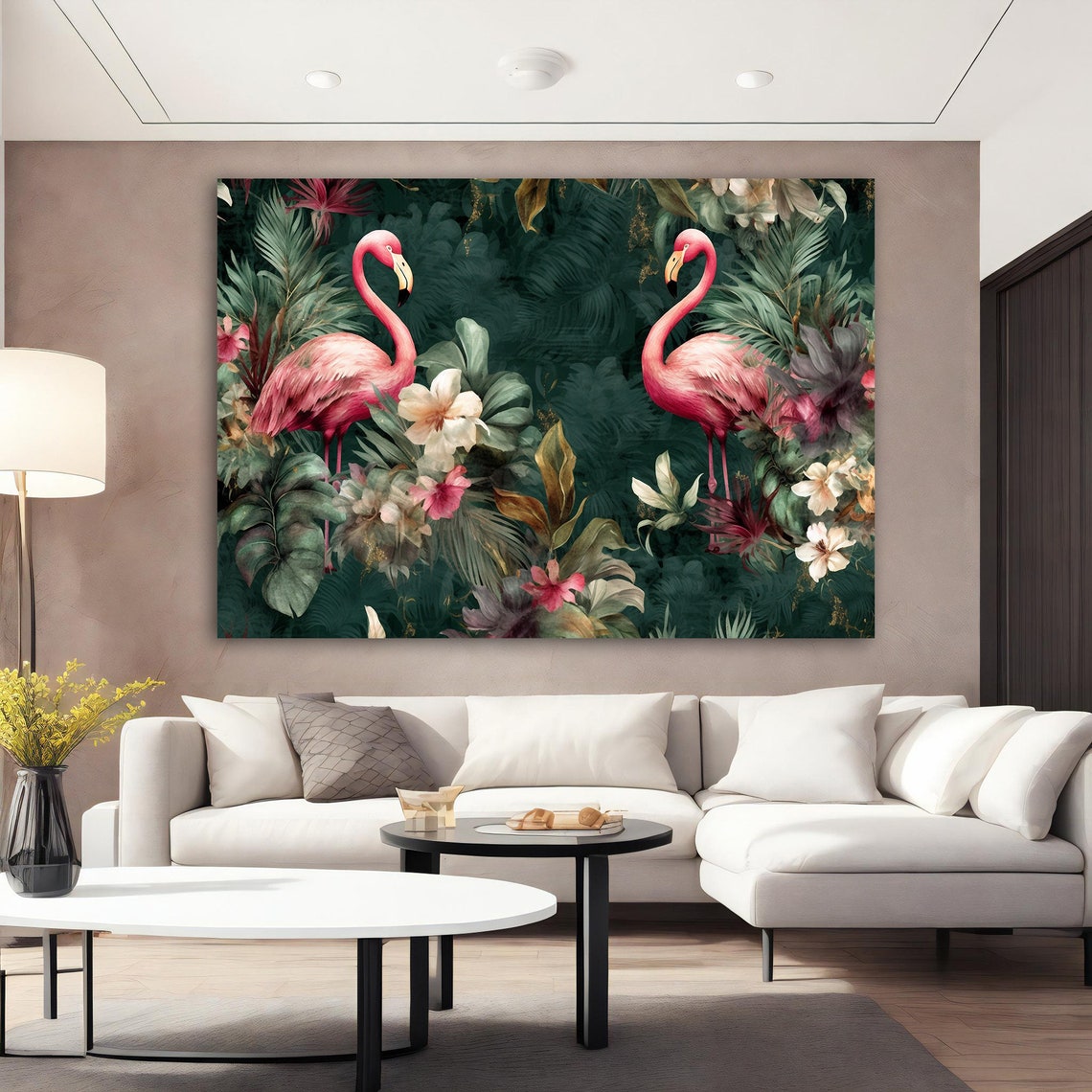 Flamingos Among The Flowers Painting Pink Flamingo Art Tropical Floral Pink Flamingo Jungle Art Flamingo Wall Art - Image 3