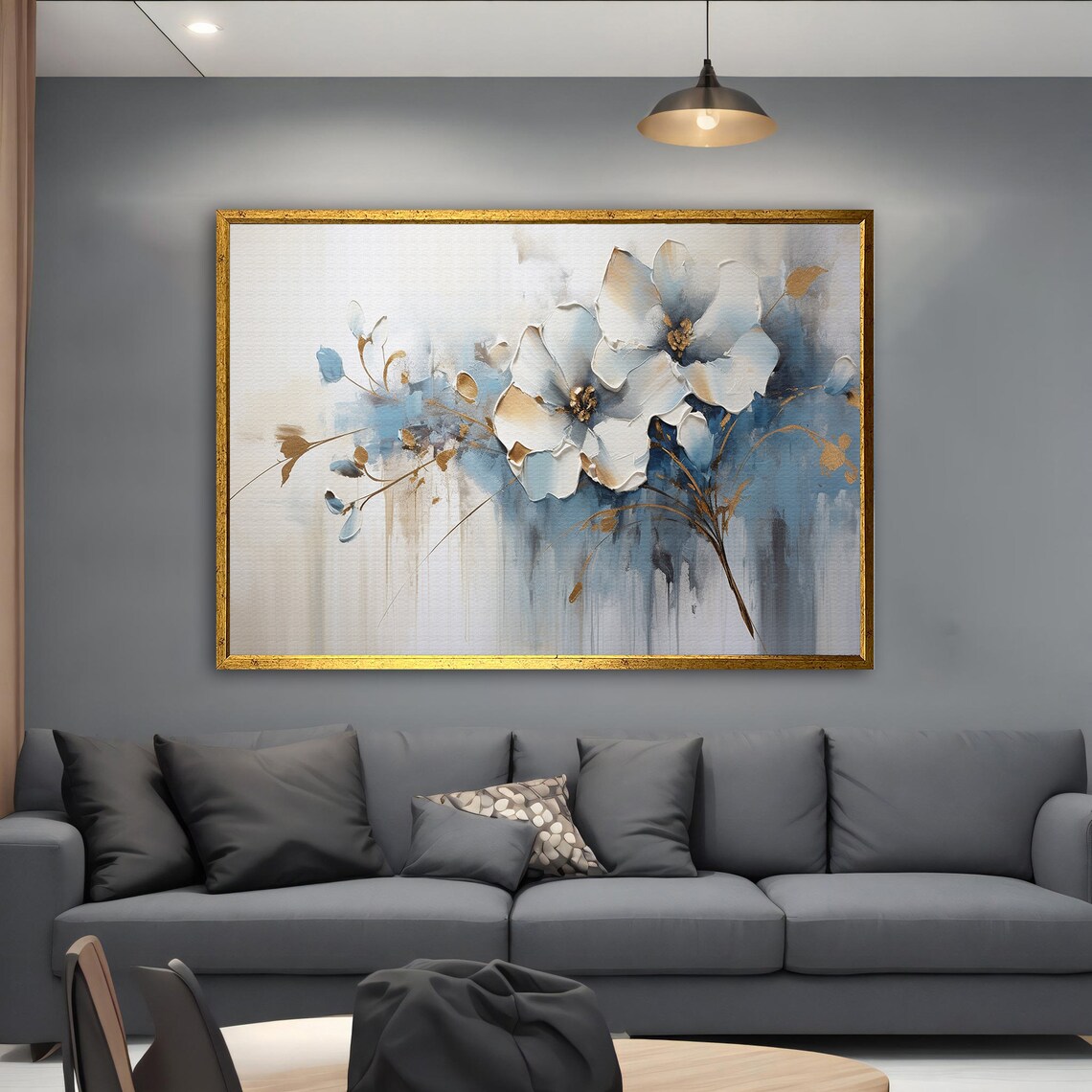 Delicate White Blue Flowers Gold Accents Soft Floral Art Poster - Image 4