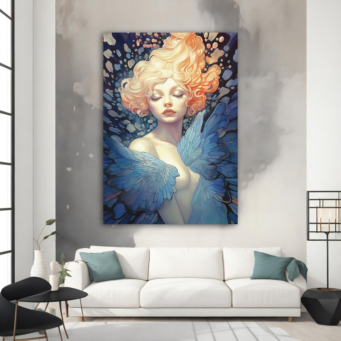 Dreamy Angel Girl Blue Butterfly Wings Glowing Hair Wall Art Print - Image 4