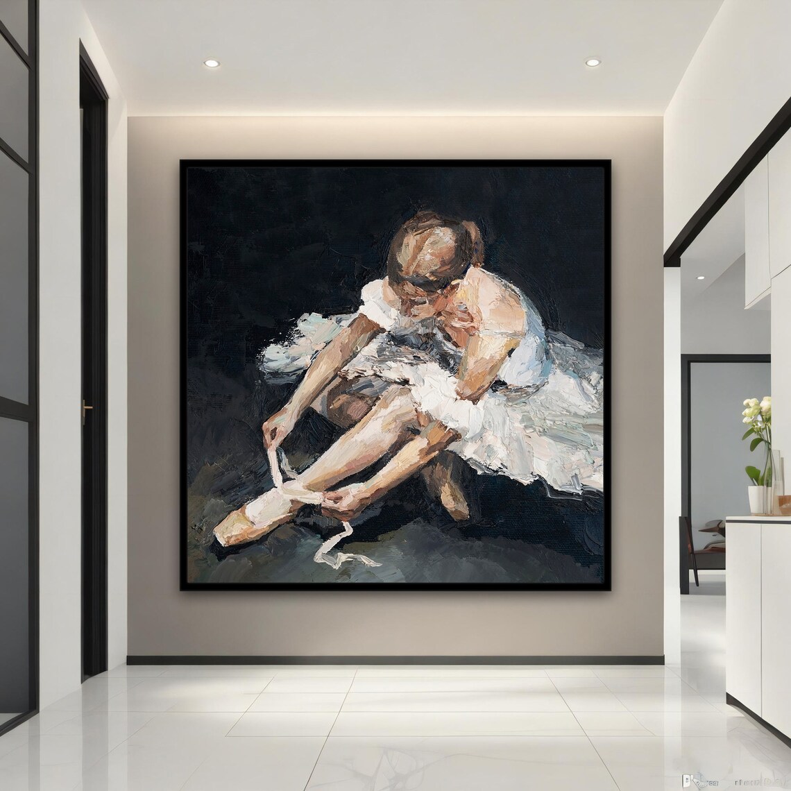 Ballerina Tying Pointe Shoe White Tutu Dark Impressionist Dance Art Poster