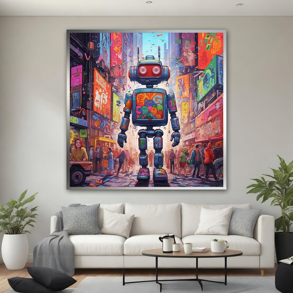 Robot Crowded City Street Graffiti Pop Art Urban Scene Art Poster - Image 4