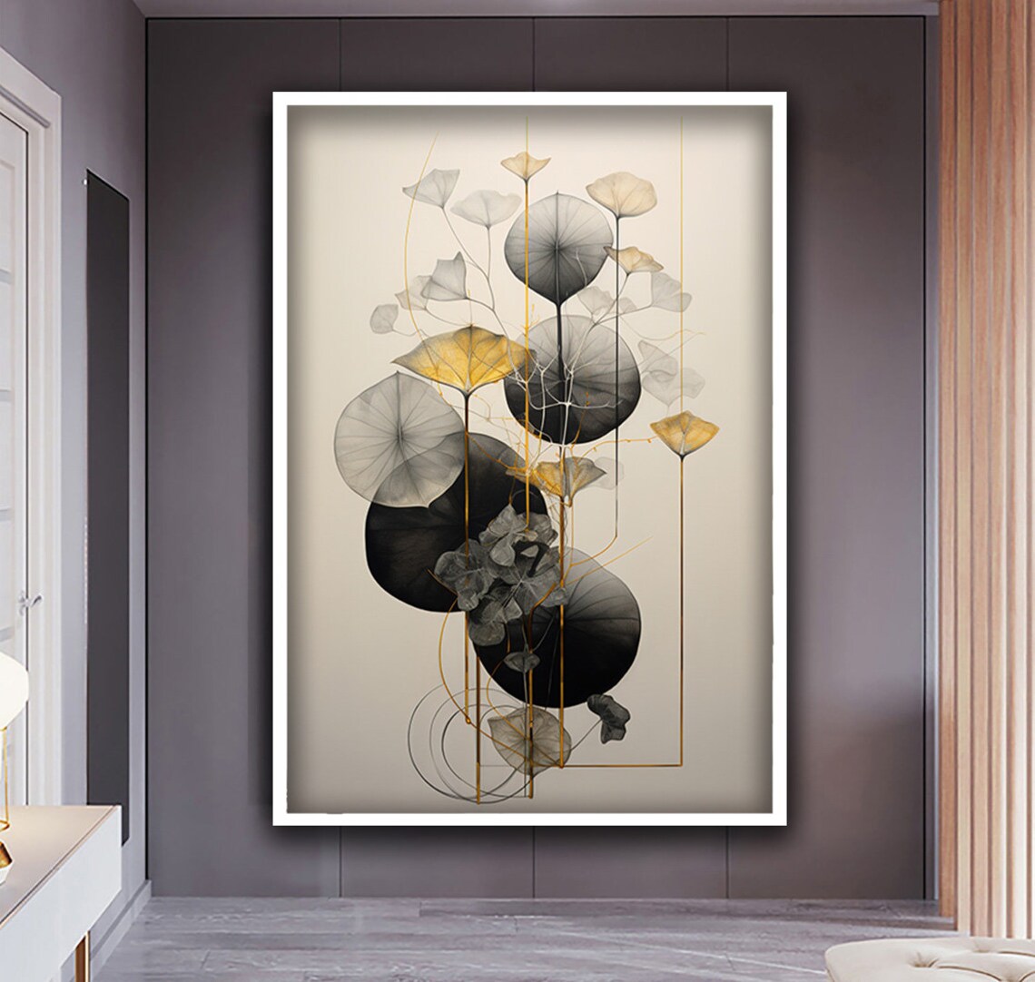 Abstract Lotus Leaves Black Gold Minimalist Botanical Wall Art Poster - Image 4