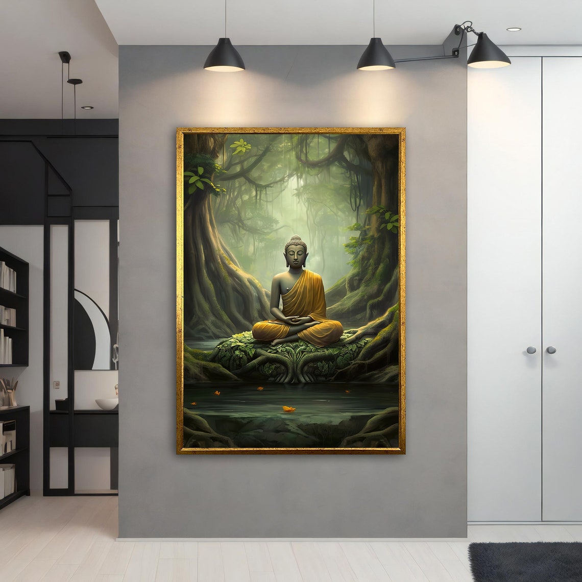 Golden Robe Buddha Meditating Jungle Temple Green Asian Art Poster - Image 2