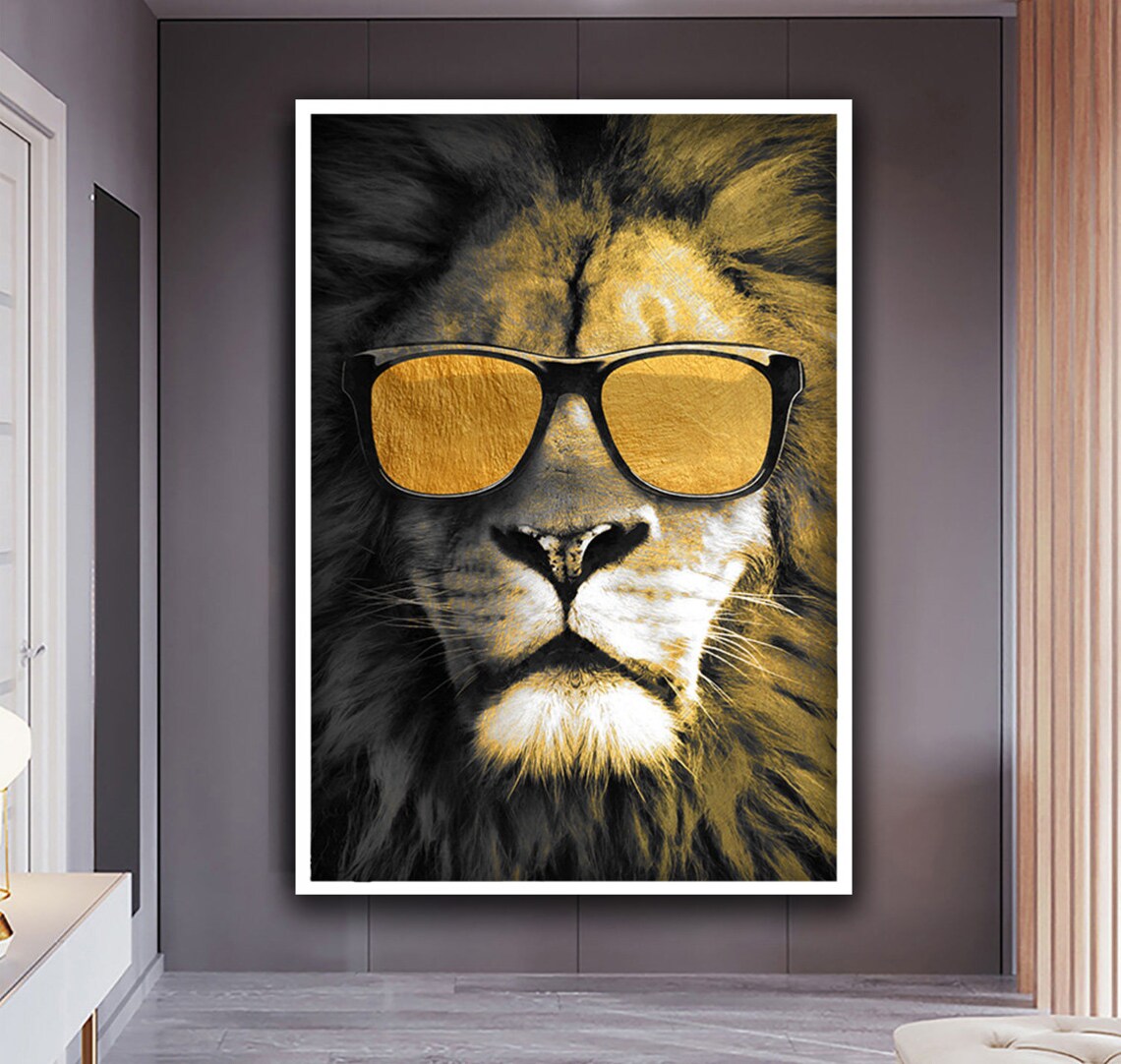 Cool Lion Wearing Gold Sunglasses Black Gold Duotone Funny Animal Poster - Image 3